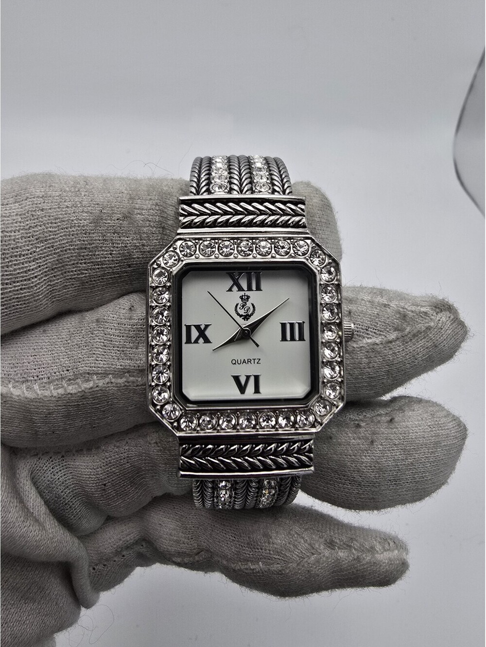 Premier Designs Ladies Watch Silver Tone Rhinestone Rope Cuff Roman Numeral